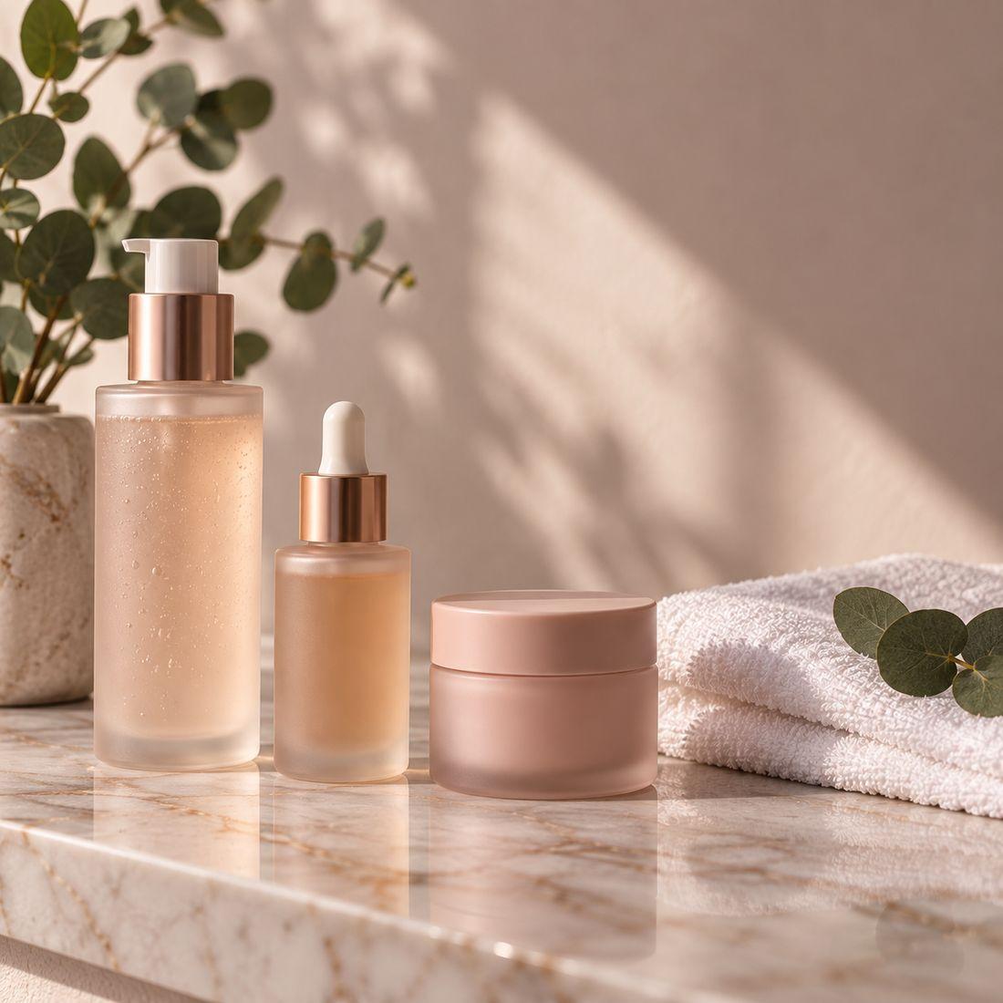 Unbranded skincare bottles and a folded towel on a marble ledge.