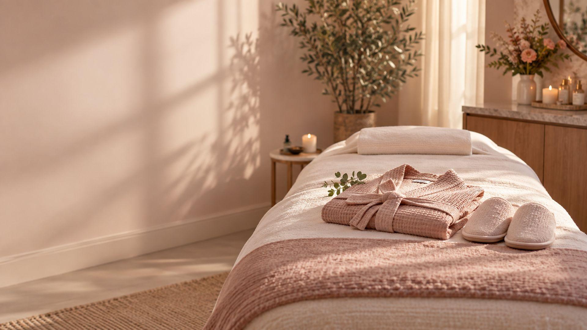 A freshly made treatment bed with a folded robe and slippers waiting.