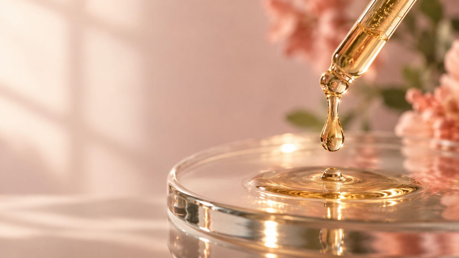 A single drop of golden serum falling onto glass.