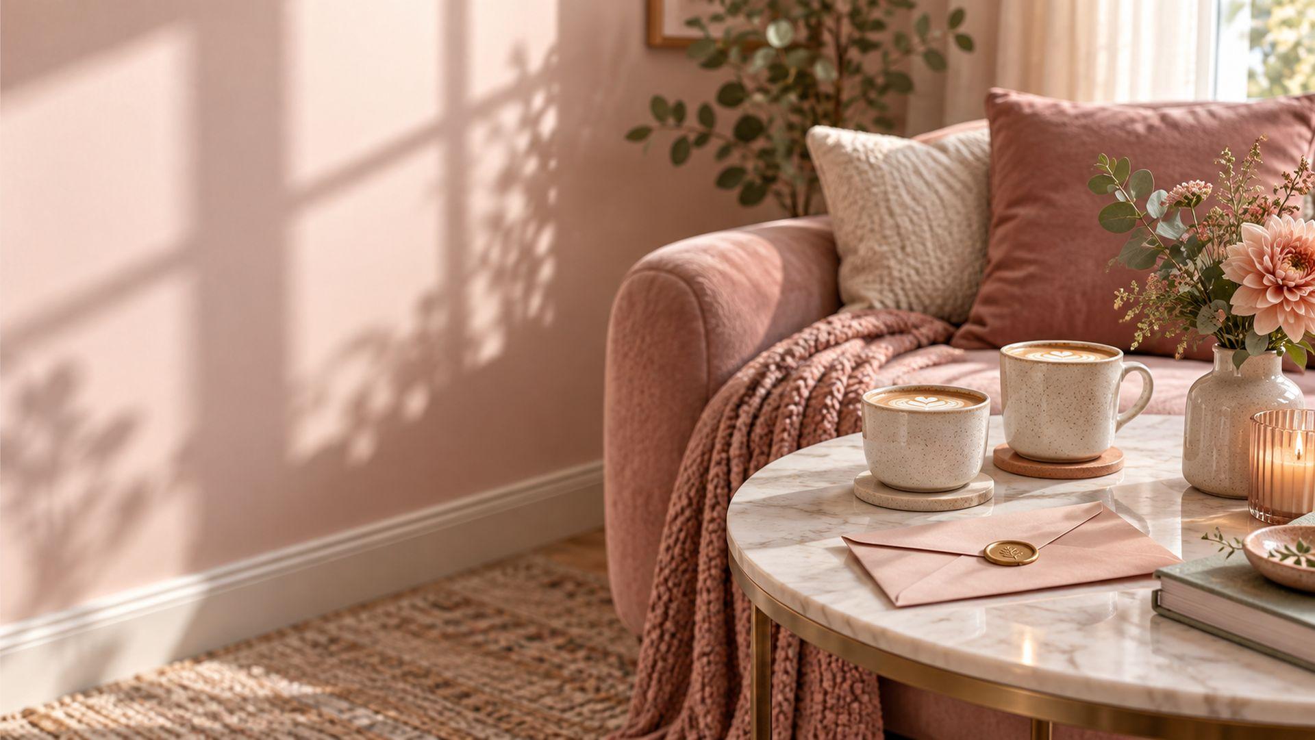 A cozy blush lounge corner with two coffees and a sealed thank-you envelope.