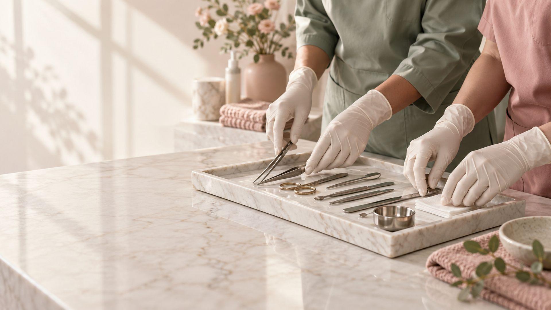 Two pairs of gloved hands, in sage and dusty-rose scrubs, arranging tools together on a marble tray.