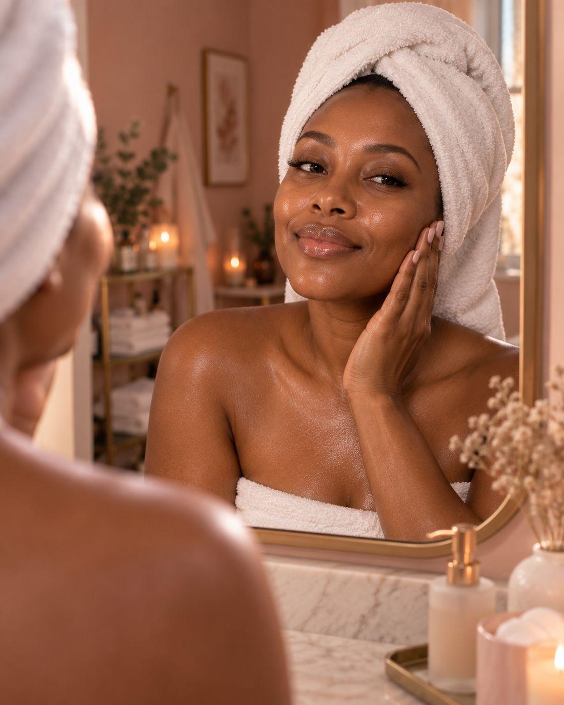 A client smiling at her reflection after a facial, skin glowing, hair wrapped in a towel.