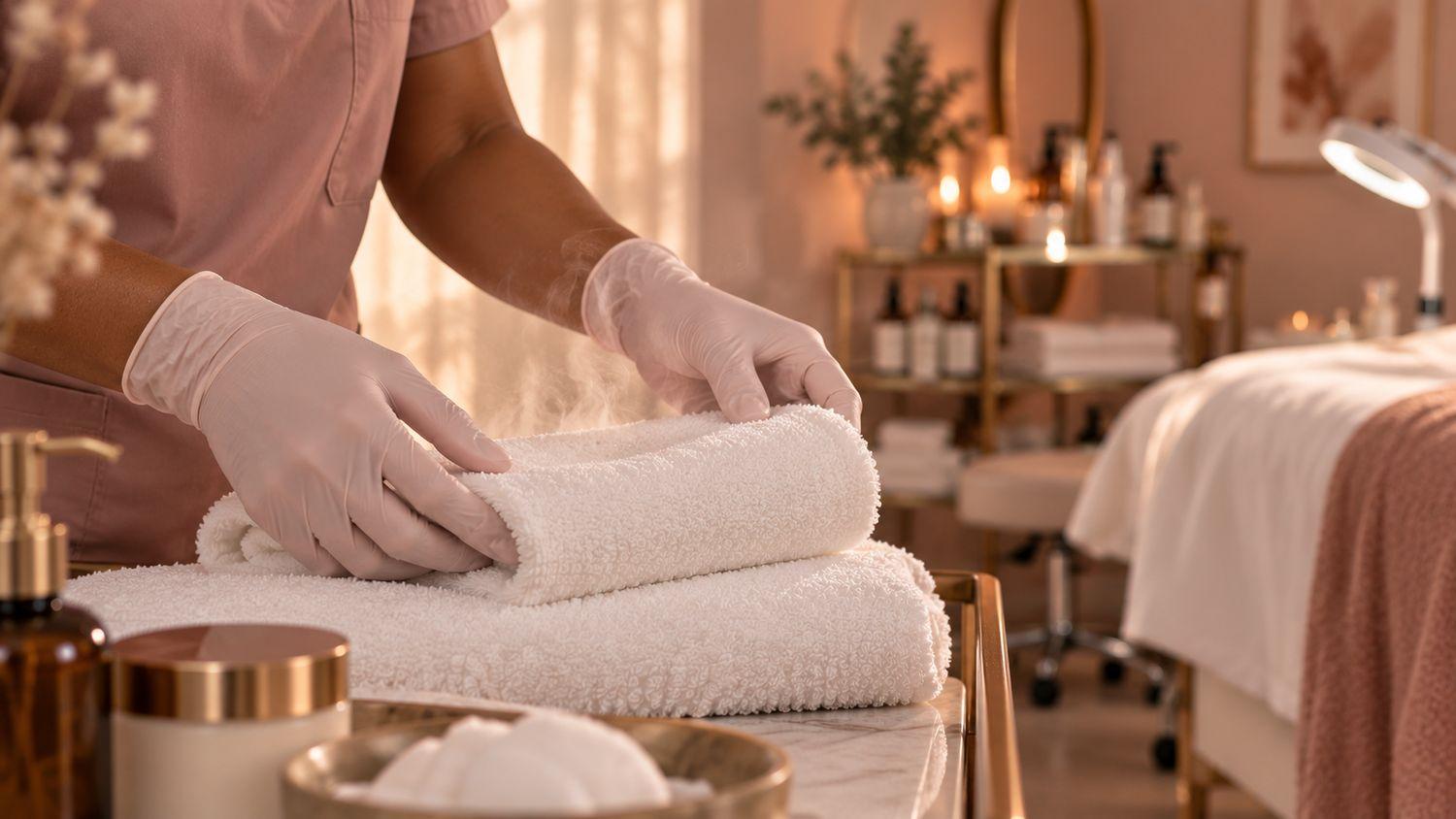Freshly folded white towels being prepared in the treatment room.