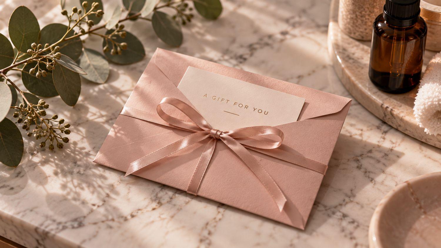 A blush gift card envelope tied with satin ribbon beside eucalyptus.