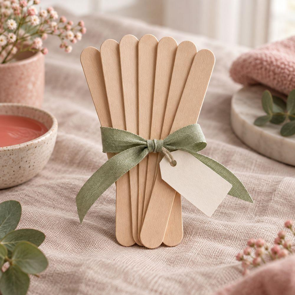 Six wooden wax spatulas tied with a sage ribbon and a blank gift tag.