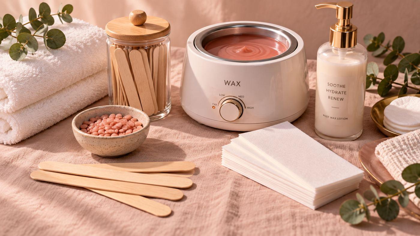 A flat lay of waxing supplies — warmer, spatulas, strips, and soothing lotion.