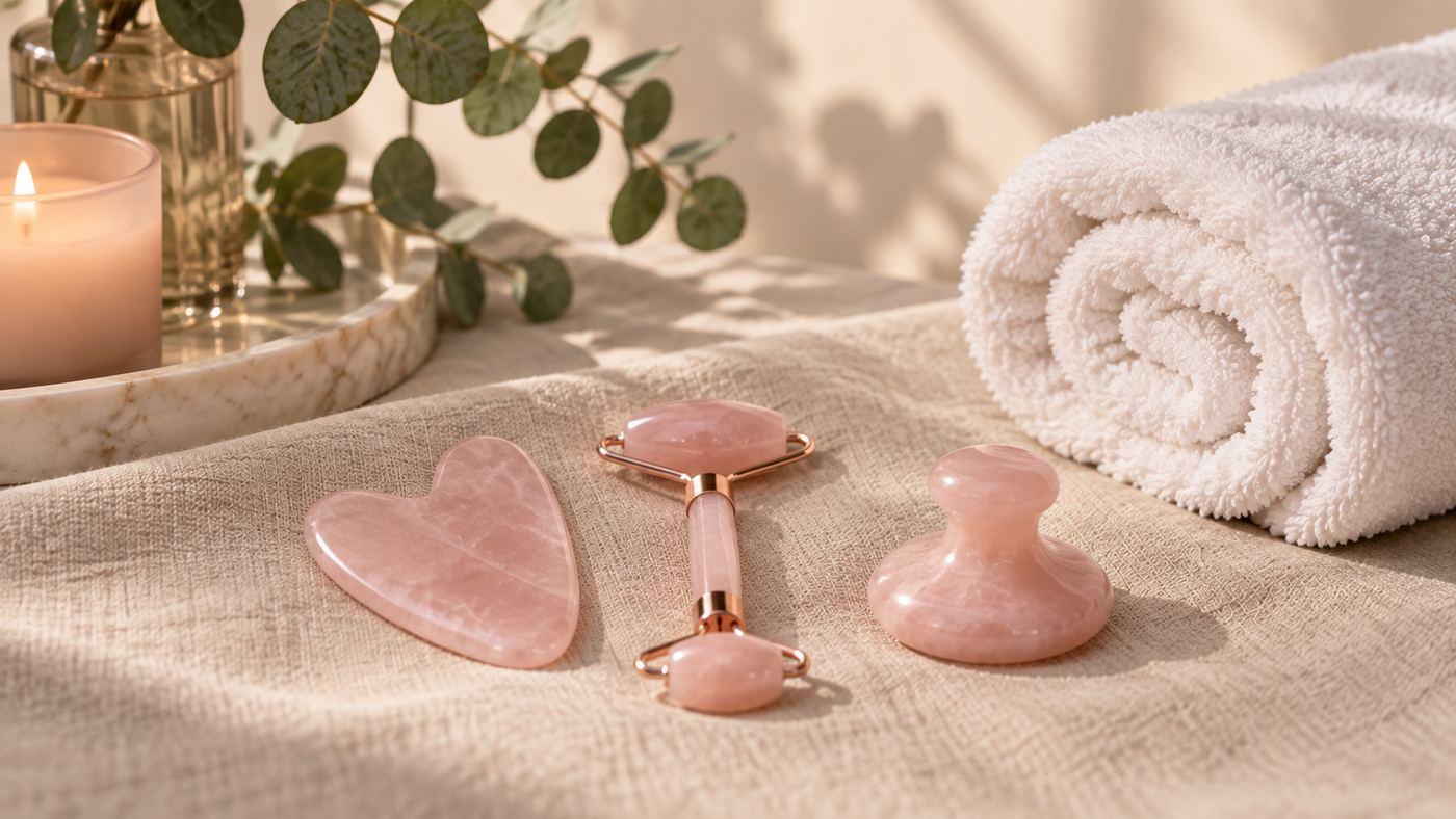 Rose quartz tools and a rolled towel arranged on linen, suggesting a series of treatments.