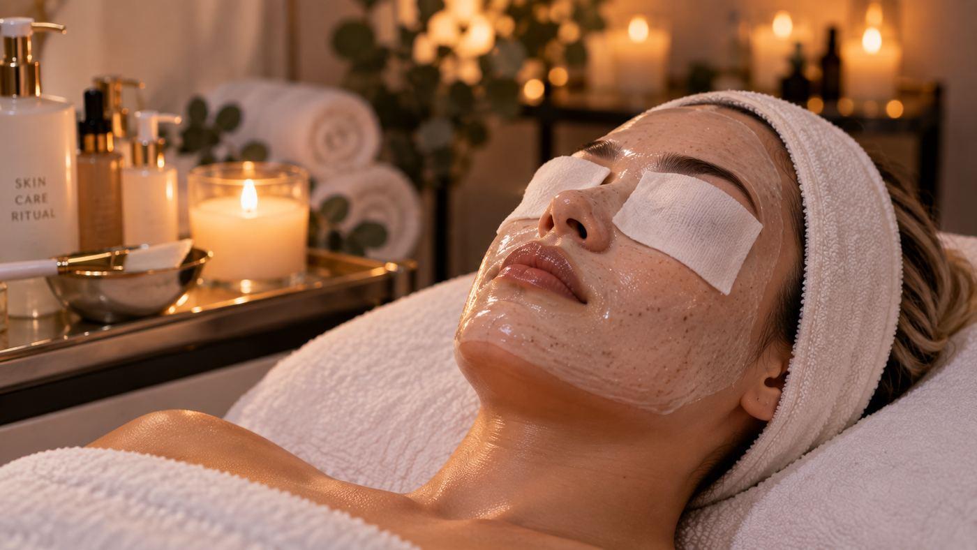 A client fully relaxed mid-facial with gauze over the eyes and a mask setting.