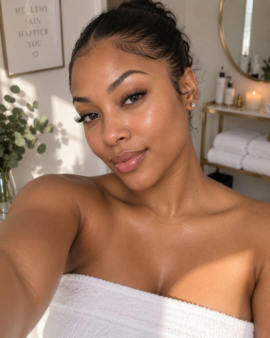 A woman with glowing, bare skin taking a selfie in soft daylight.