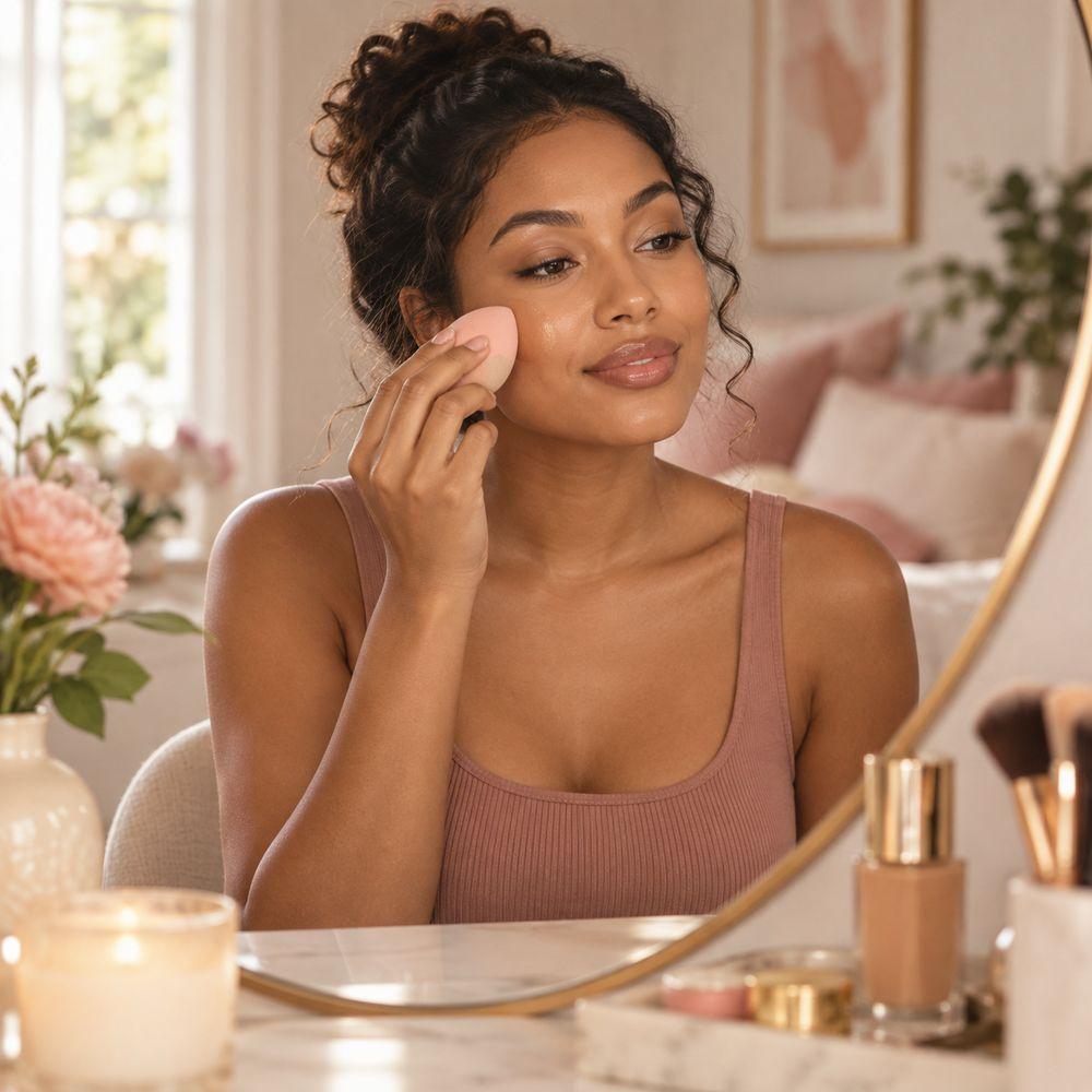 A woman at a vanity mirror blending foundation over smooth, freshly dermaplaned skin.