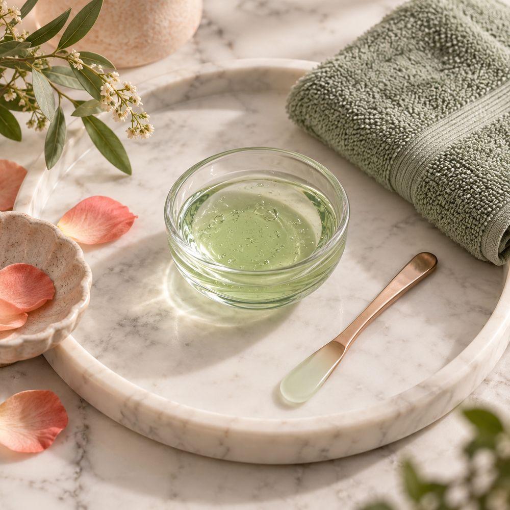 A glass dish of pale green serum with a slim spatula and a sage towel on a marble tray.