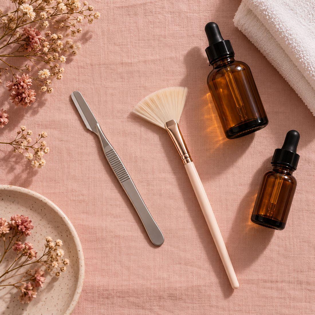 A dermaplaning blade, fan brush, and amber serum bottles on blush linen.