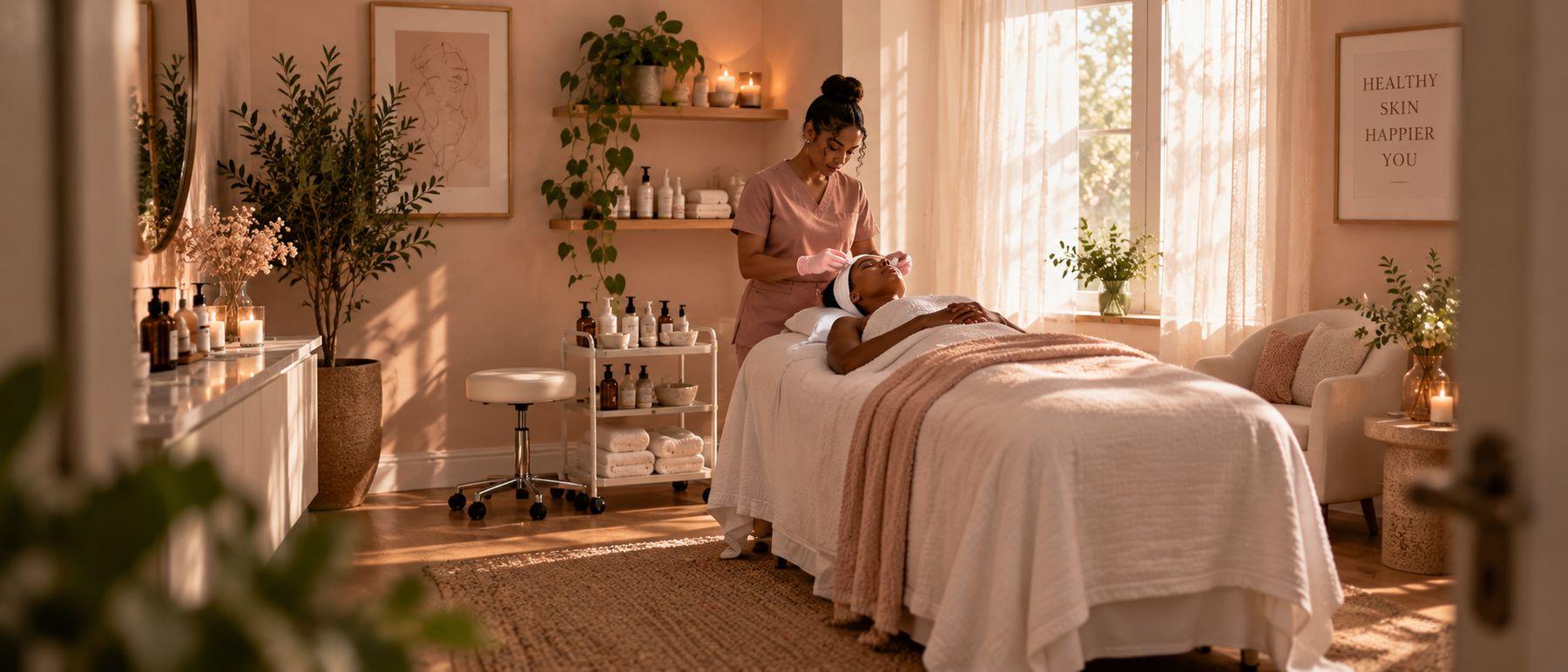 The S.B Esthetics treatment room in Vallejo — warm light, plants, and a made-up treatment bed.