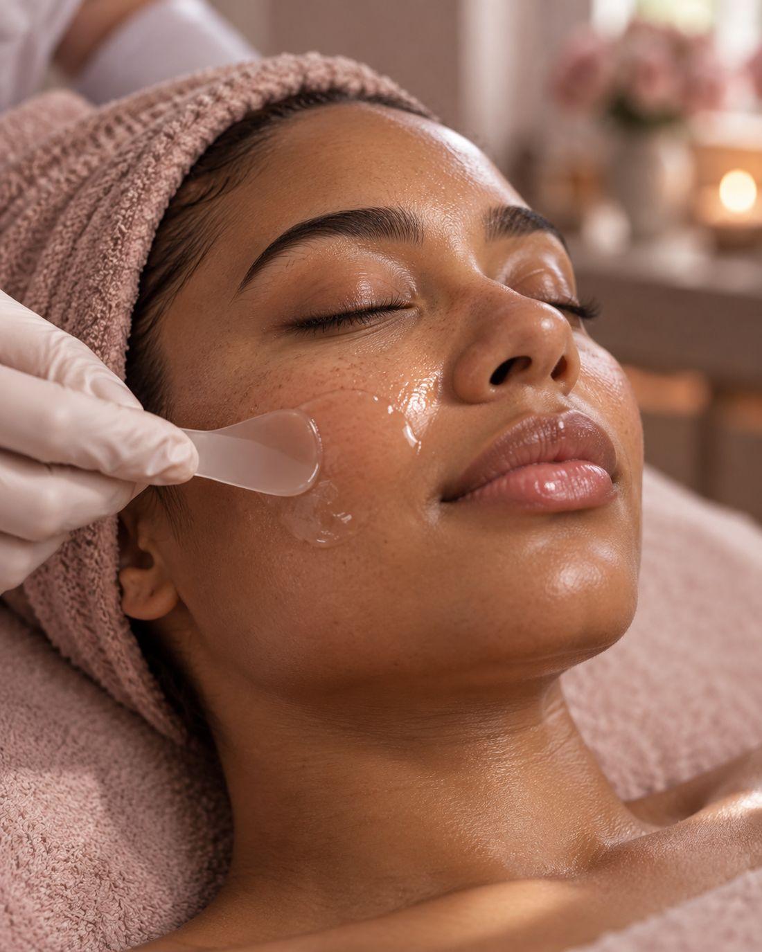 A client receiving a facial at S.B Esthetics, skin glowing under soft studio light.
