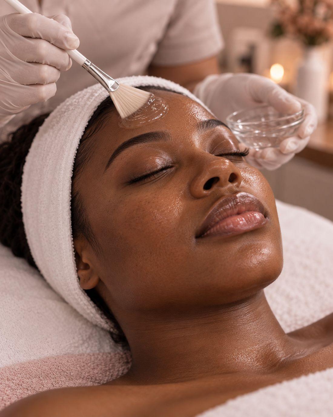 An esthetician applying a peel solution with a fan brush to a reclined client.